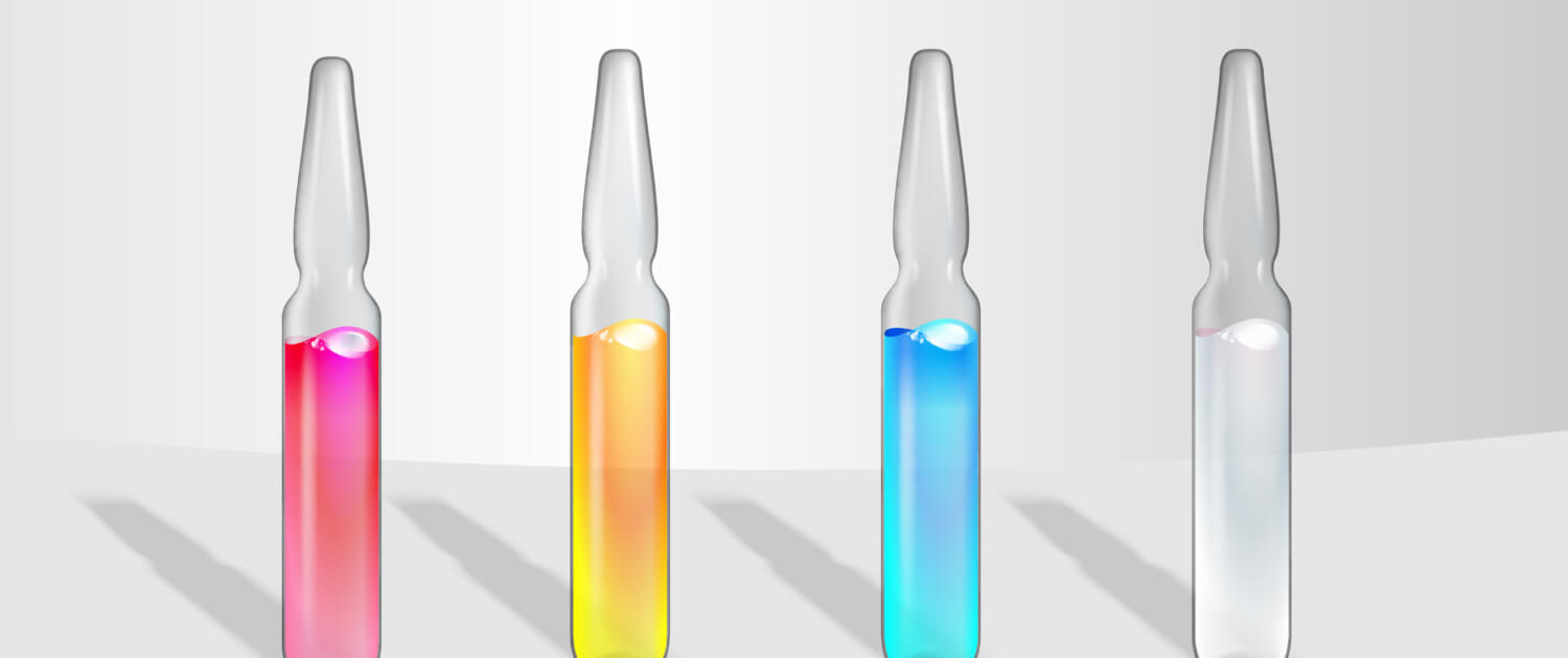 Set of transparent Medical Ampoules with Colorful liquid drug solution. Vial hypodermic injection. Treatment disease care in hospital and prevention illness. Glass bottles for vaccine drug, vitamin